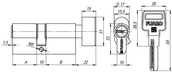 Цилиндровый механизм с вертушкой R602/80 mm (35+10+35)  PB латунь 5 кл.