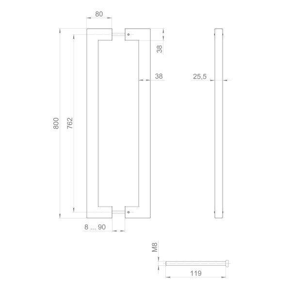Ручка-скоба PULL.PH38/800.26 INOX 304 (PH-26-38/800-INOX) BLACK