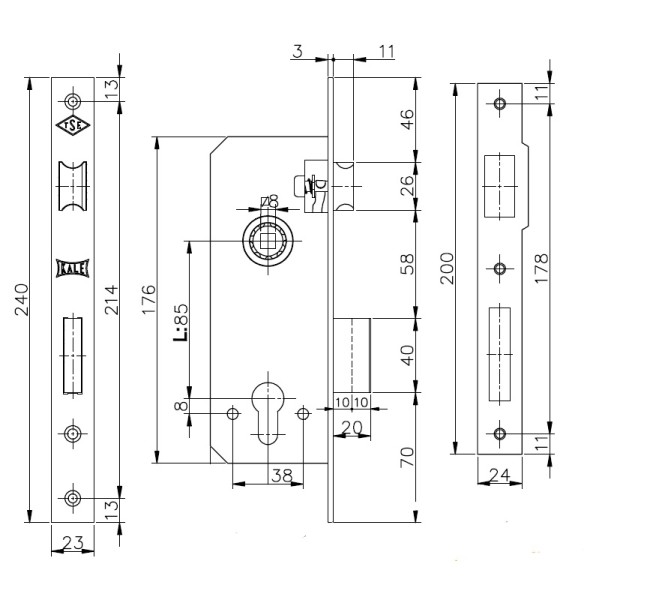 Корпус врезного замка с защёлкой 152/R (60 mm) w/b (латунь)