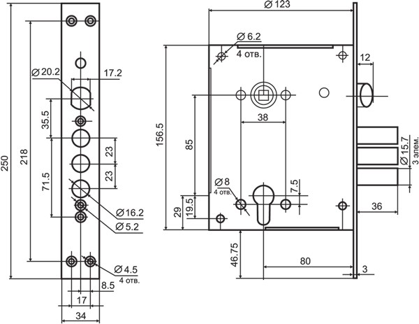Корпус врезного замка с защёлкой ЗВ4-3/85М /79045/