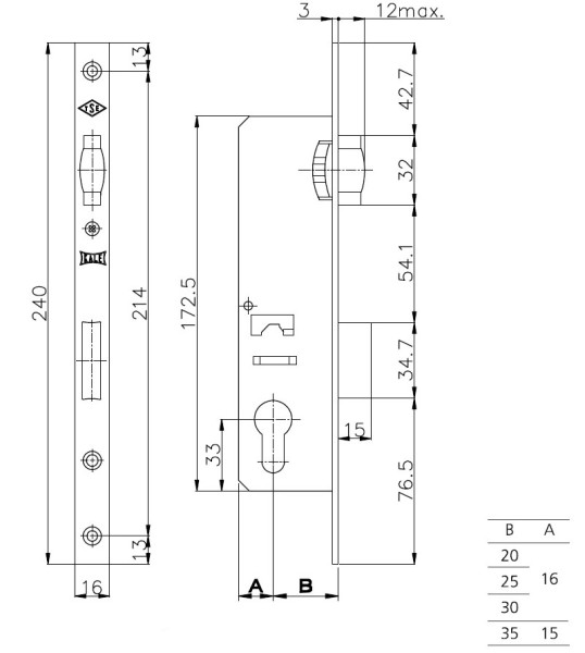 Корпус узкопрофильного замка с роликовой защёлкой 155/P (35 mm) w/b (хром) (без отв. планки)