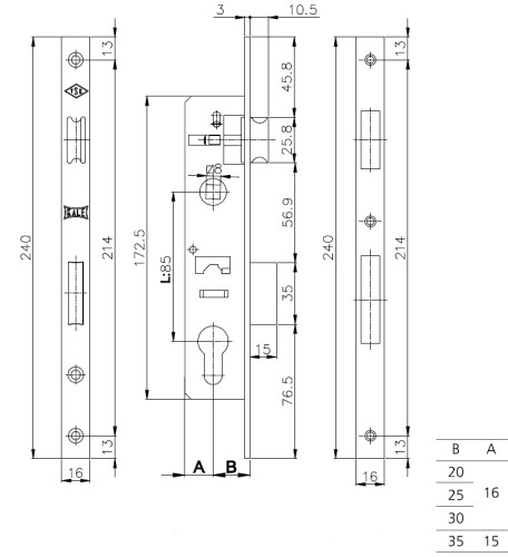 Корпус узкопрофильного замка с защёлкой 153/P (25 mm) w/b (хром) STB 153P2500018