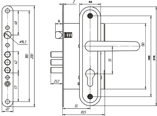 Замок врезной цилиндровый с защёлкой в комплекте с ручкой ЗВ4.009/17 (медь), 4 кл.
