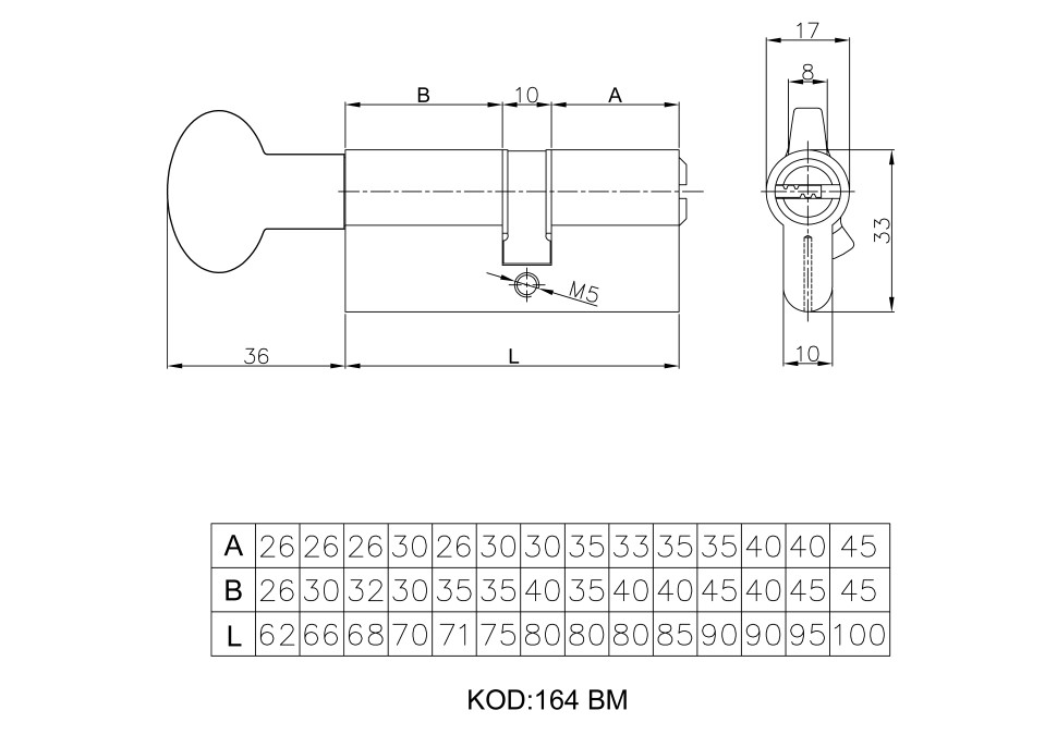 Цилиндровый механизм с вертушкой 164 BM/90 (40+10+40) mm никель 5 кл.