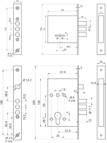 Комплект врезных замков BORDER Standart с ригелем 12 мм (ЗВ8-8У, ЗВ4-3/55), 3 кл. /76314+78931/