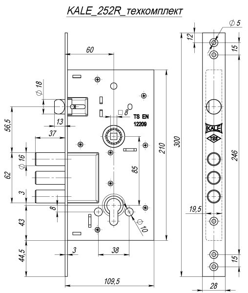 Корпус врезного цилиндрового замка с защёлкой 252/R w/b (тех. комплектация)