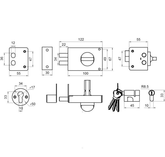 Замок накладной цилиндровый ЗН-1 2Р медь