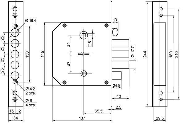 Замок врезной сувальдный с задвижкой и защёлкой ЗВ9-6 ЛКЗ (лев.), 5 кл. /77412/