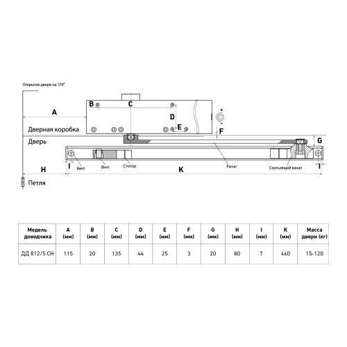 БУЛАТ Доводчик дверной ДД 812/5 CH-B (CS+LS+HO+BC+DA+PA) (25-120 кг) черный со скольз.тягой (10)