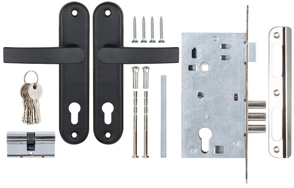 Замок врезной цилиндровый с защёлкой в комплекте с ручкой ЗВ4-3 (черный муар), 5 кл. /78401/