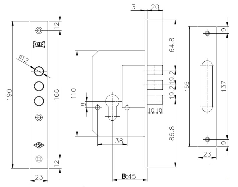 Корпус врезного замка 189/3M (45 mm) w/b (латунь)