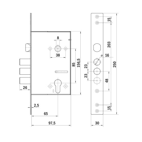 Корпус врезного замка c защёлкой MDV30C-816 CP (V30/C) CP хром