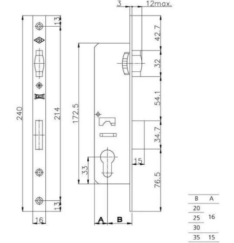KALE 155/P 20mm W/B  б/о б/накл. никель б/мех.секр Замок врезной б/руч (30)