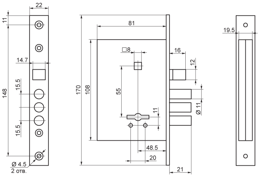 Рязань ЗВ 9-6/13 медный антик б/о 77315 м/о 55мм квадрат 100мм Замок врезной с/руч (9)