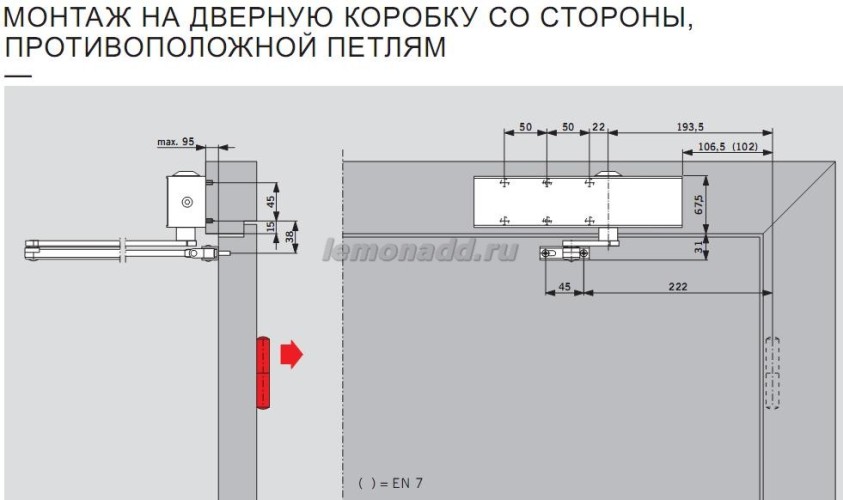 DORMA TS 83 EN 3-6 установка с обратной стороны петель (в скобках размер для версии EN7)