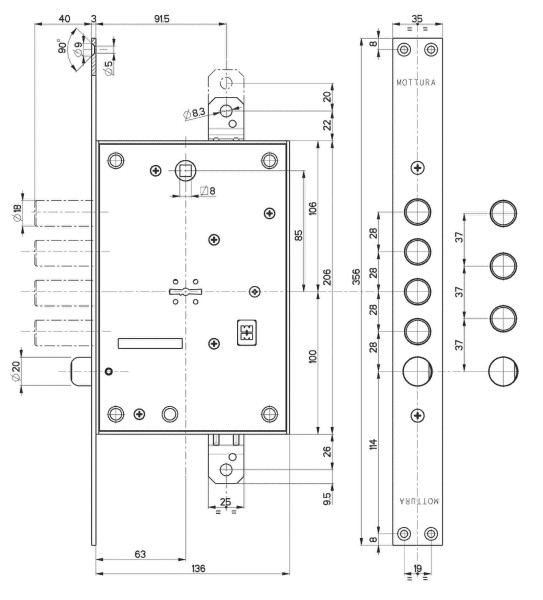 Замок врезной сувальдный с защёлкой 52.771, ключ 60 мм, без накл.