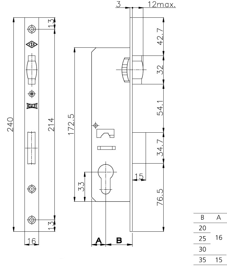 Корпус узкопрофильного замка с роликовой защёлкой 155/P (35 mm) w/b (хром) (без отв. планки)