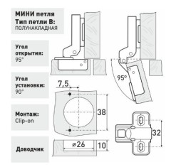Soller Clip-on D26 мини петля мебельная полунакладная с доводчиком (100,10!!!)