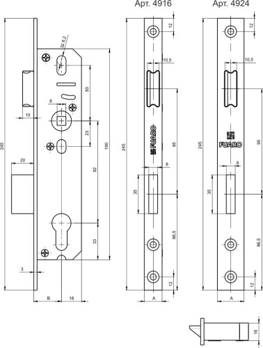 Корпус узкопрофильного замка с защелкой PROF4924-35/92 CP хром
