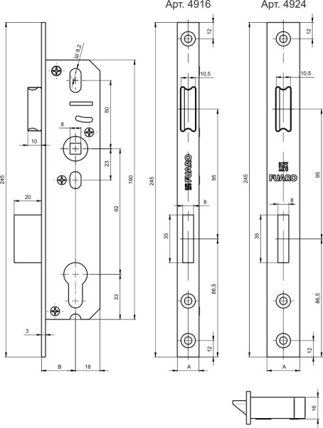 Корпус узкопрофильного замка с защелкой PROF4924-35/92 CP хром