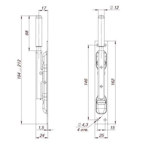 Задвижка торцевая RIGEL-set/160-210 D12x80mm в комплекте с ригелем