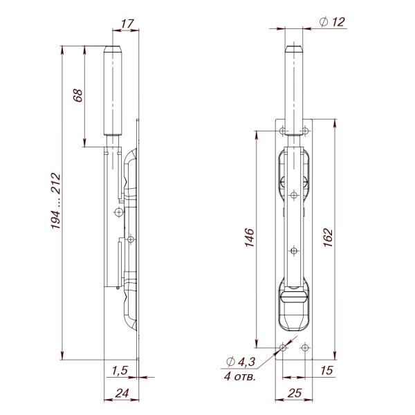 Задвижка торцевая RIGEL-set/160 D12x80mm (TDB set 160-24) в комплекте с ригелем