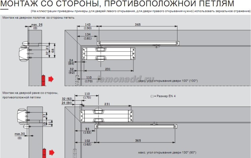 DORMA TS 90 монтаж со стороны обратной петлям