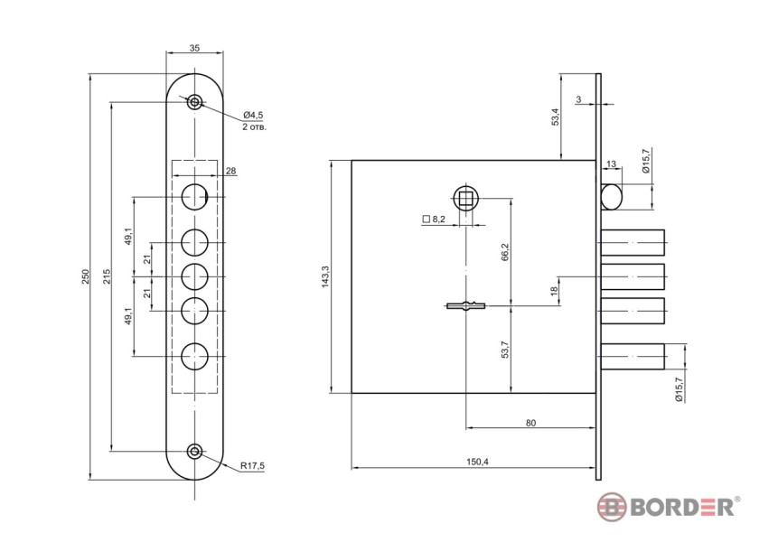 Рязань ЗВ 9-8МК4/15  ЛП8 универсал. "BORDER" б/о, скруг. планка 77743 Замок врезной тяж (6)