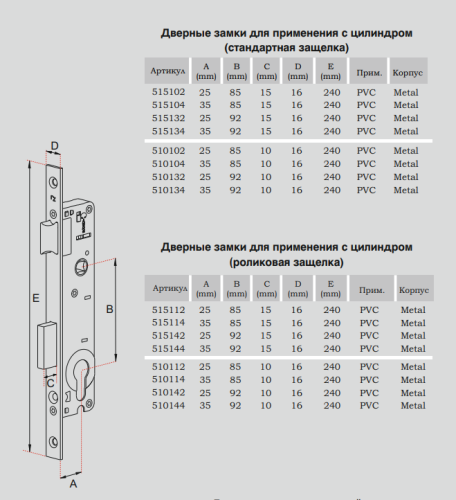 REZE 25х92х15-16х240 PVC-M с ЗЩ б/о б/накл б/шур. м/о 92мм арт.515132 Замок врезной б/руч (40)