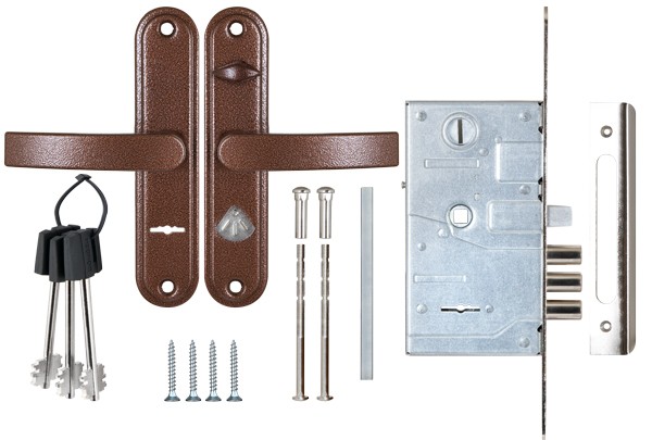 Замок врезной сувальдный с защёлкой в компл с ручкой ЗВ9-8.3/13(КЛП5-85)прав (медн ант), 3 кл/88010/