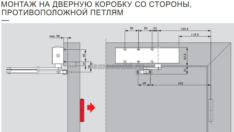 DORMA TS 73V установка с обратной стороны петель