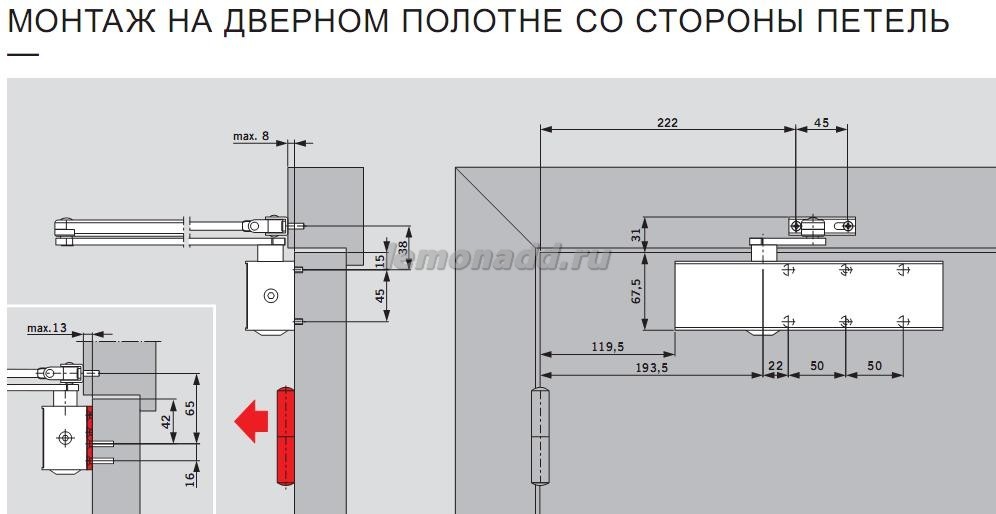 DORMA TS 73V установка со стороны петель