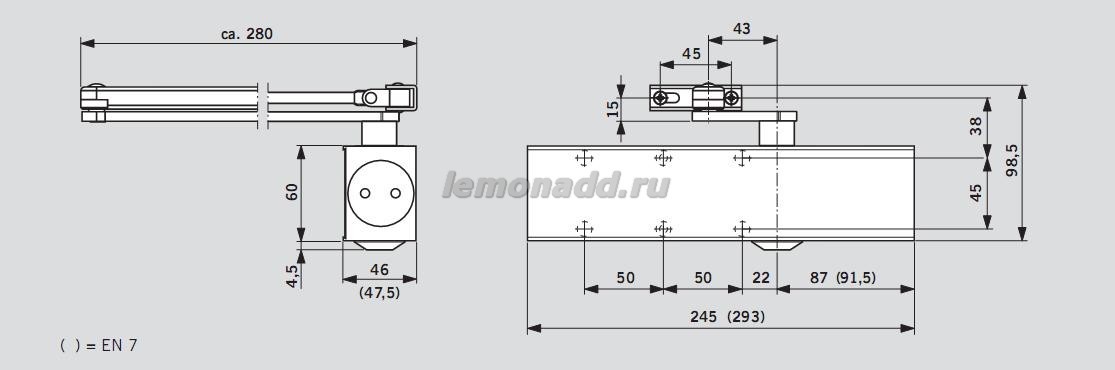 DORMA TS 83 EN 3-6 размеры (в скобках размер для версии EN7)