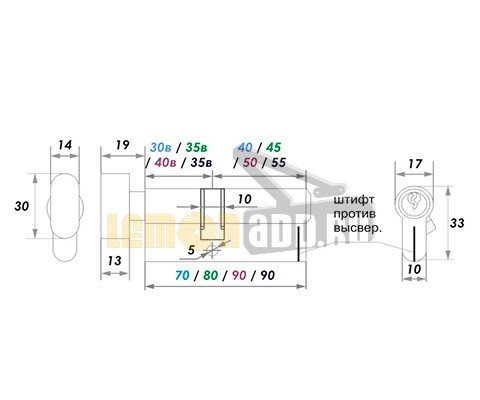 Цилиндровый механизм асимметричный ЛПУВ.УК (личина перфорированная усиленная ключ-вертушка с удлиненным ключом)