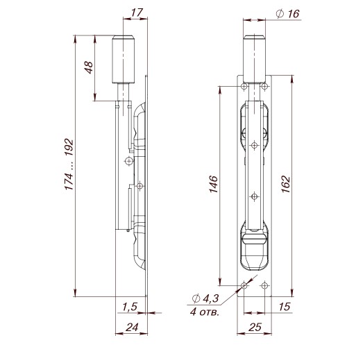 Задвижка торцевая RIGEL-set/160 D16x60mm (TDB set 160-24) в комплекте с ригелем