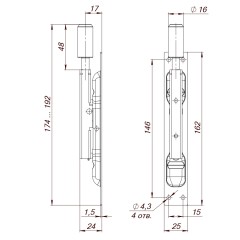 Задвижка торцевая RIGEL-set/160 D16x60mm (TDB set 160-24) в комплекте с ригелем
