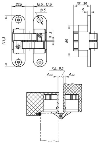 Петля скрытой установки U3D6200L SC левая (Architect 3D-ACH 60) мат. хром 60 кг