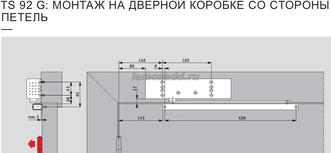 DORMA TS 92 G установка со стороны петель