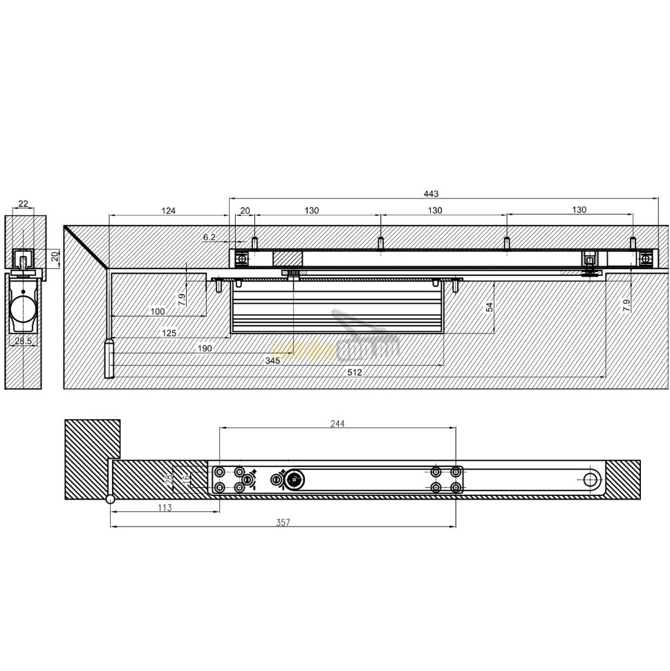 DL 710 ITS EN3 дверной доводчик скрытой установки (корпус доводчика в комплекте с тягой)