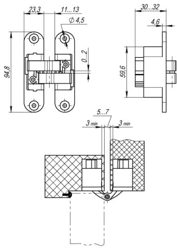 Петля скрытой установки U3D4200L SC левая (Architect 3D-ACH 40) мат. хром 40 кг