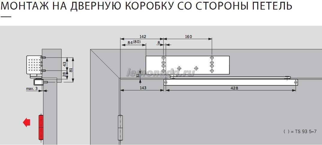 DORMA BTS 93 G монтаж со стороны петель
