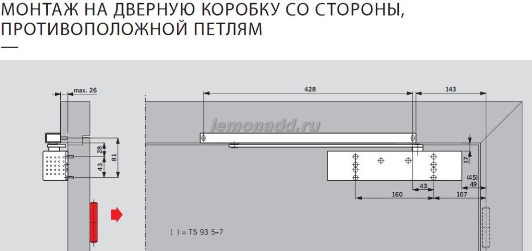 DORMA BTS 93 G монтаж с обратной стороны петель