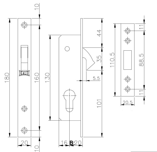 Замок врезной цилиндровый узкопрофильный 201 (20 mm) (никель), 3 кл.