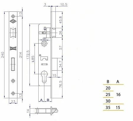 KALE 153  25mm W/B никель б/о, б/н,б/мех.секр., м/о 85мм Замок врезной б/руч (30)