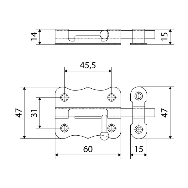 Кунгур ЗТ2-60 цинк фигурный Шпингалет Упакованный (150)