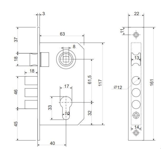 Апекс 1023/60-AС медь м/о 61,5 Замок врезной с/руч (20)