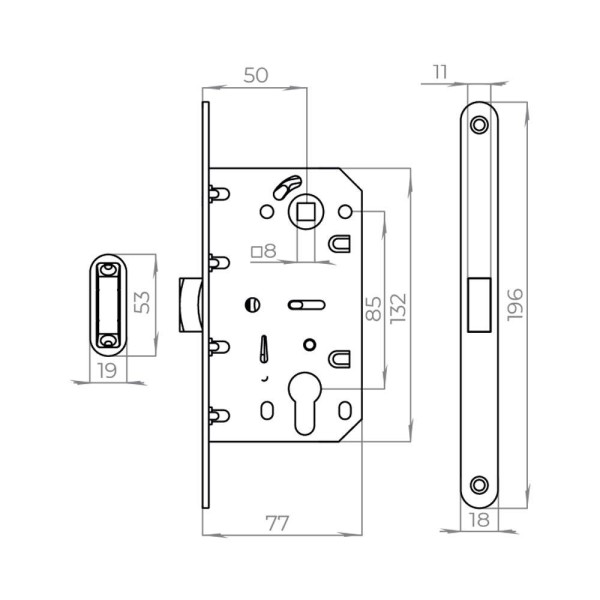 Корпус врезного замка с защелкой MAGNLN85-50 BL черный