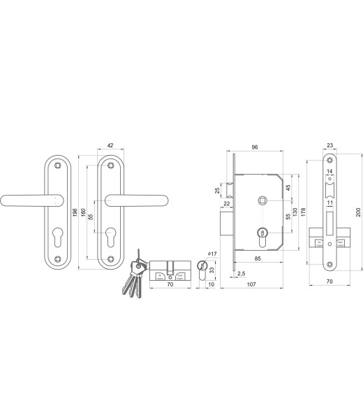 Замок врезной цилиндровый с защёлкой в комплекте с ручкой ЗВ7.02 (медь), 4 кл.