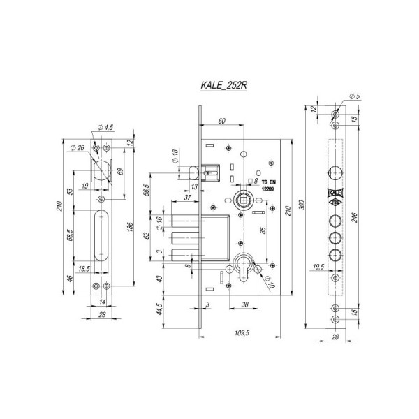 Корпус врезного цилиндрового замка с защёлкой 252/R w/b