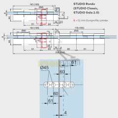 DORMA SQUARE: 2 петли, 1 замок под профильный цилиндр, 1 нажимная ручка, 2 оси под деревянную раму.